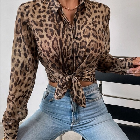 Camel black boho leopard print button up blouse - Picture 13 of 14